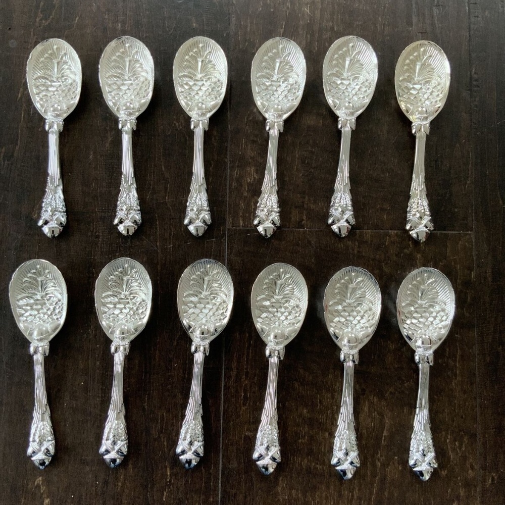 Pineapple Acorn Design Silver Plated Spoon - Set Of 12 Approx. 6" Long.